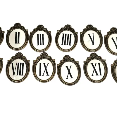 Sale Photo Thumbnail #77: ANTIQUE FRENCH ENAMEL & BRASS CLOCK DIAL CARTOUCHES - COMPLETE XII SET
