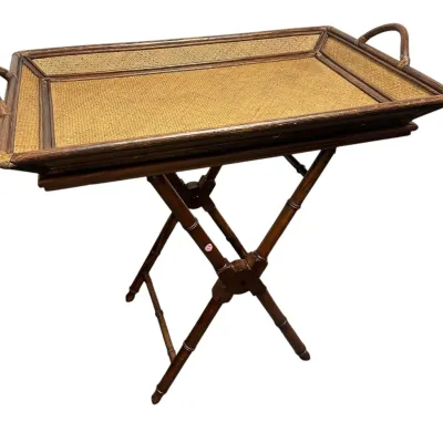 Sale Photo Thumbnail #96: VINTAGE RATTAN & BAMBOO WOVEN BUTLER TRAY ON STAND