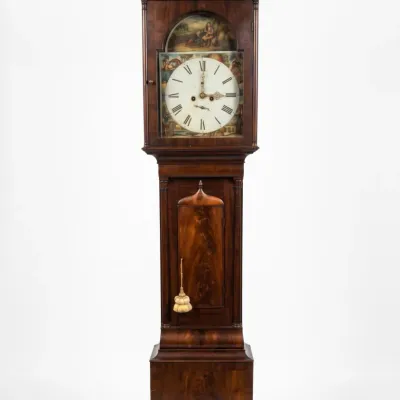 Sale Photo Thumbnail #171: ANTIQUE SCOTTISH FLAME MAHOGANY FOUR SEASONS TALL CASE CLOCK
