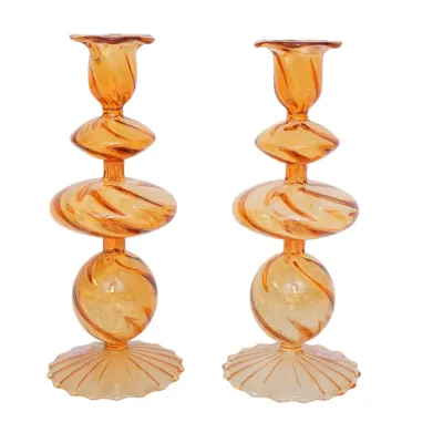 Sale Photo Thumbnail #255: PAIR OF HANDBLOWN SWIRLED GLASS CANDLESTICK HOLDERS