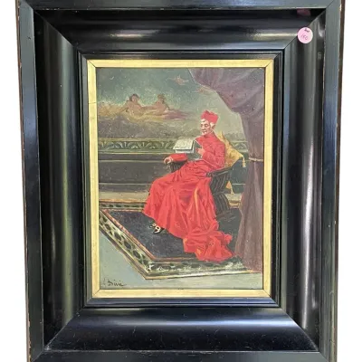 Sale Photo Thumbnail #177: 19th c OIL ON BOARD CARDINAL WITH MANUSCRIPT
