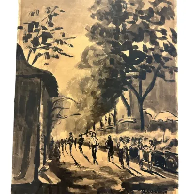 Sale Photo Thumbnail #83: MID CENTURY MONOCHROME INK WASH PARISIAN STREET