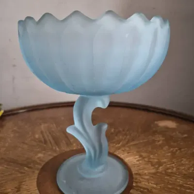 Vintage Indiana Blue Frosted Glass Lotus Blossom Compote Open Candy Dish Pedestal