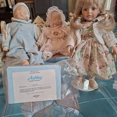 Vintage Porcelain Dolls With Plastic Bench