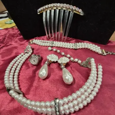 Costume Faux Pearl Necklace, Earrings, Bracelet, Comb, Ring Watch