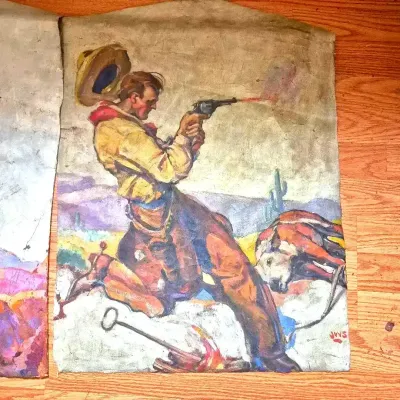 2 non framed Canvas Western themed Paintings -1 has JWS in corner- Reserve: $500.00