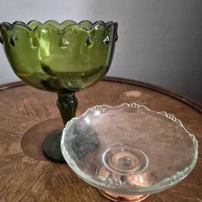Vintage Indiana Green Glass Teardrop Pedestal Compote Bowl + Princess House Glass Bowl