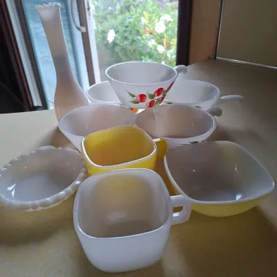 Glassbake Cups & Painted Milkglass