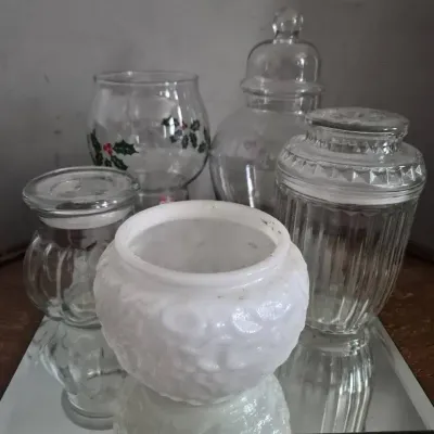Vintage E.O. Brody Opaque White Milk Glass Crinkle Pattern Vase, Lidded Canisters & Ginger Jar