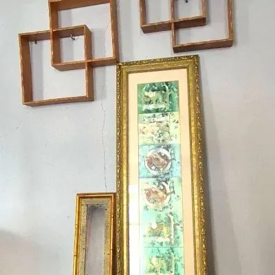 Vintage Wall MCM Shelves, Welcome Framed Print, Mirror