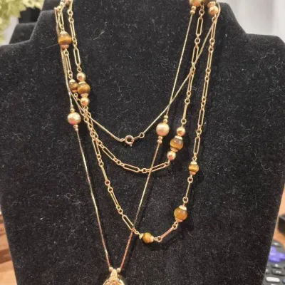 Vintage 1/20 14K G.F. Stone 28" Necklace + Collezio Quartz Watch Necklace 31" + Earrings