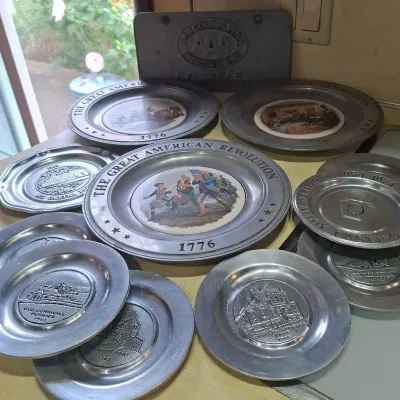 Vintage Pewter Plates And License Plate
