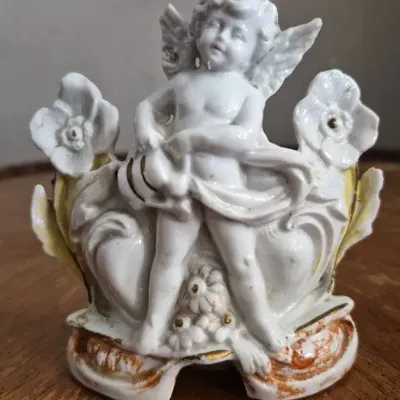 Porcelain Cherub Figurine w/ Floral & Scroll Accents