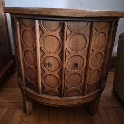 Vintage Mid Century Modern Round Table Inlaid Wood Top 