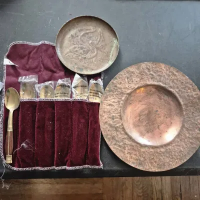 Vintage MCM Brass Spoons Wood Inlaid Handles