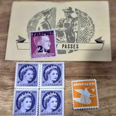 1940s Stamps CANADA 1954 MINT 4 cent Queen Elizabeth QE II, Deutsche Reich,1978 U.S. 15¢ "A"  & Book