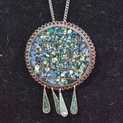 Vintage Taxco Sterling Silver Crushed Turquoise, Blue Azul, and Malachite Mosaic Fringe Brooch Penda