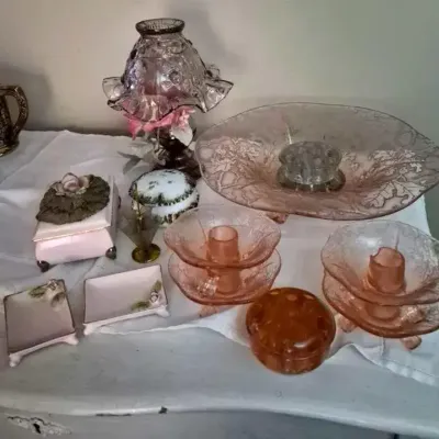 vintage pink depression glass 3-legged bowl, And Candle Holders, Japan Box