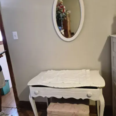 White Painted Vanity, Mirror, Stool