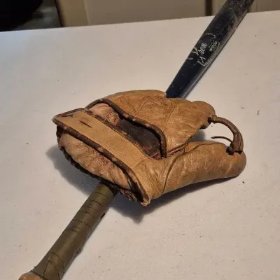 Vintage Leather Baseball Glove, Wooden Bat