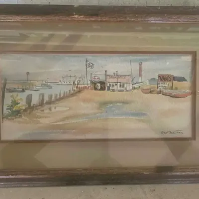 Framed and Matted Horizontal Watercolor Painting Depicting a Coastal Harbor Scene 