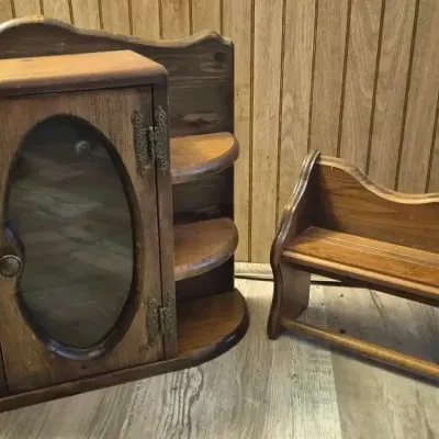 Vintage Wooden Wall Shelf  With Oval Glass Door & Solid Wood Wall Shelf 