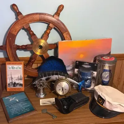 Wood Ship Wheel, Brass Clock, Plastic Fish Decor, Painting, And More