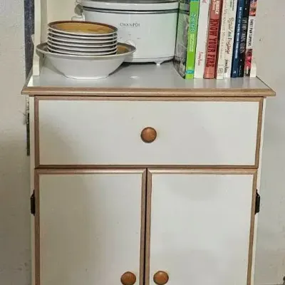 White Roll Around Storage Cabinet, Crockpot, Vintage Bowls, & Cookbooks Assortment 