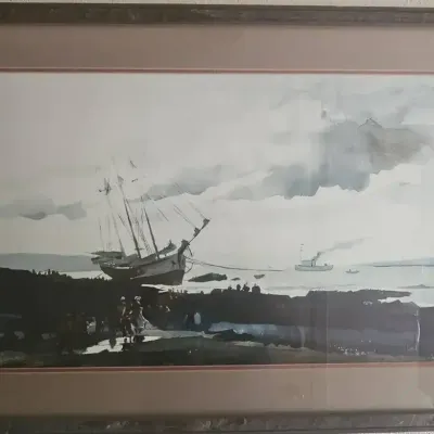 Framed Reproduction of Schooner Aground, a Watercolor Painting by Andrew Wyeth.