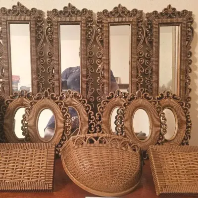MCM Collection of Vintage Brown Faux-Wicker and Rattan-Style Mirrors