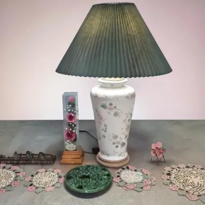 Vintage Alsy Porcelain Ginger Jar Table Lamp White Ceramic Base, Green Floral Metal Baskets, & More 