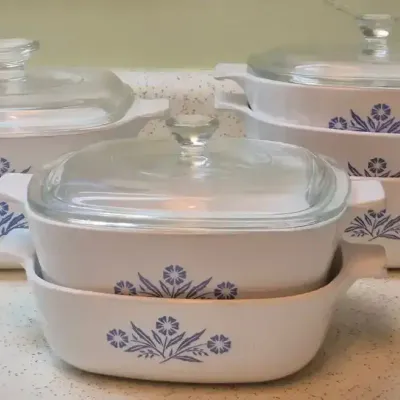Large Assortment Of CorningWare Casserole Dishes With Blue Cornflower Pattern And Saucepan Pot