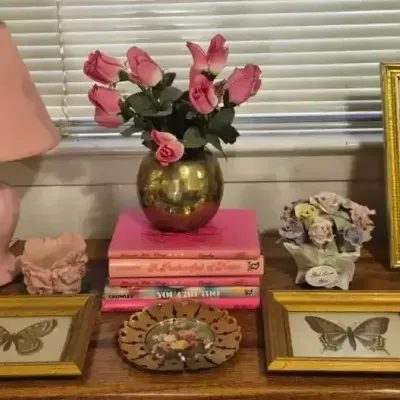 Vintage Solid Brass Bowl, Vintage Brass Butterfly Wall Hangings, Pink Lamp, & More 