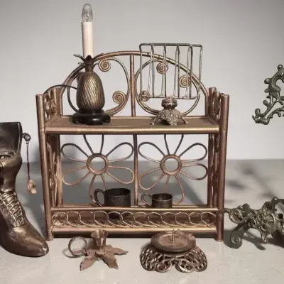 Brass Boot, Brass Pineapple Lamp, Brass Candle Holders, Gold Colored Shelf, And More 