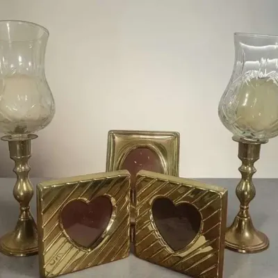 Brass Candleholder And Small Picture Frames