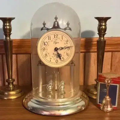 Brass Candlesticks, Brass Anniversary Clock, And Collectors Bell