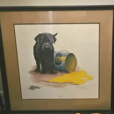  Signed and numbered Tara Moore Print featuring a black dog With Yellow Paint Bucket