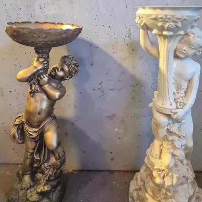 Vintage Cherub Holding A Bowl, Chalkware/Resin Cherub Statue Planters, & 2 Cast Iron Magazine Racks