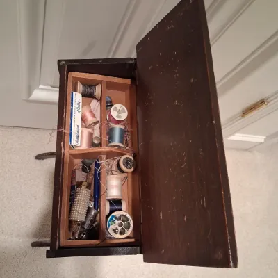 STAND ALONE SEWING BASKET WITH 2 HINGED LIDS AND FULL OF NOTIONS