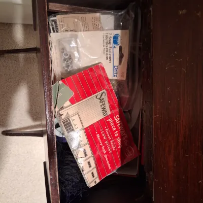 STAND ALONE SEWING BASKET WITH 2 HINGED LIDS AND FULL OF NOTIONS