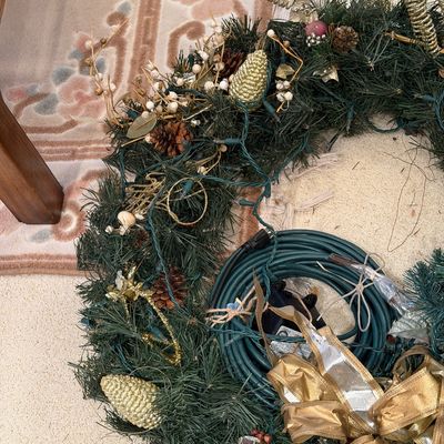 VERY LARGE WREATH, LIGHTED WREATH AND FIBER OPTIC CHRISTMAS TREE