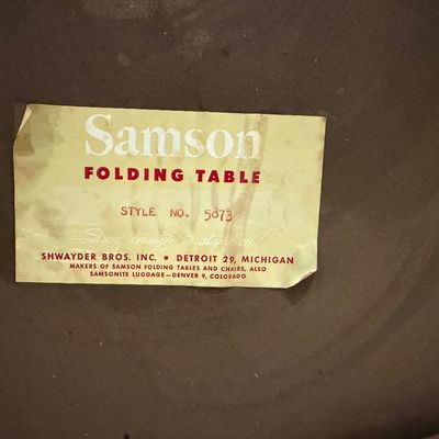 VINTAGE SAMSON FOLDING TABLE AND 4 ROYALCHROME FOLDING CHAIRS