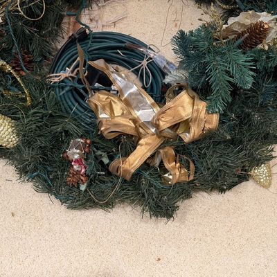 VERY LARGE WREATH, LIGHTED WREATH AND FIBER OPTIC CHRISTMAS TREE