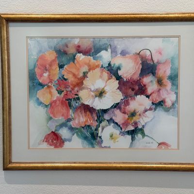 ELIZABETH TAFT FRAMED FLORAL PICTURE AND 2 METAL DOUBLE-ARM WALL SCONCES WITH FLORAL ACCENTS AND SCROLLWORK