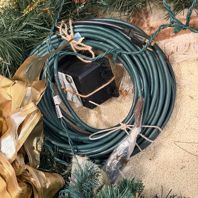 VERY LARGE WREATH, LIGHTED WREATH AND FIBER OPTIC CHRISTMAS TREE