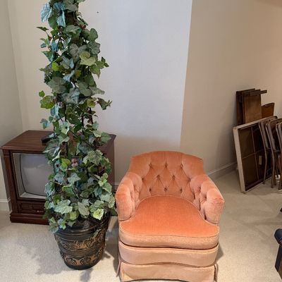 WOODMARK ORIGINALS VINTAGE PEACH VELVET TUFTED BARREL ARMCHAIR ON CASTERS AND ARTIFICIAL PLANT CLIMBING A METAL OBELISK TRELLIS