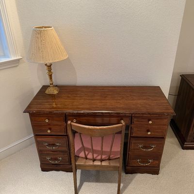 VINTAGE OFFICE DESK WITH 5 DRAWERS, CHAIR AND LAMP