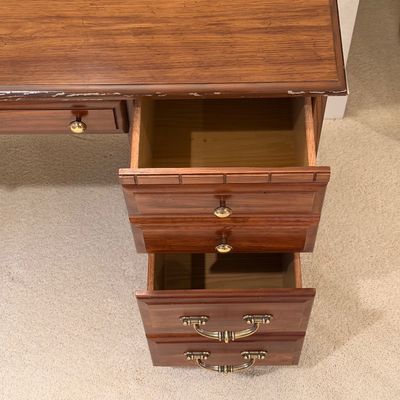 VINTAGE OFFICE DESK WITH 5 DRAWERS, CHAIR AND LAMP