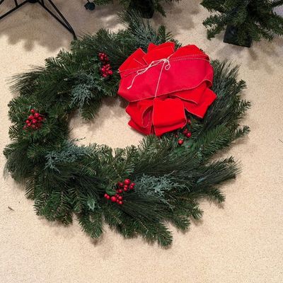 CHRISTMAS TREE WITH LIGHTS, 2 SMALLER TREES AND A WREATH