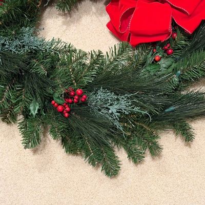 CHRISTMAS TREE WITH LIGHTS, 2 SMALLER TREES AND A WREATH